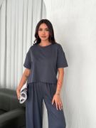 Osy Modal Yumuşak Dokulu Kumaş Bisiklet Yaka T-shirt Bol Paça Pantalon Ikili Takım -Antrasit resmi
